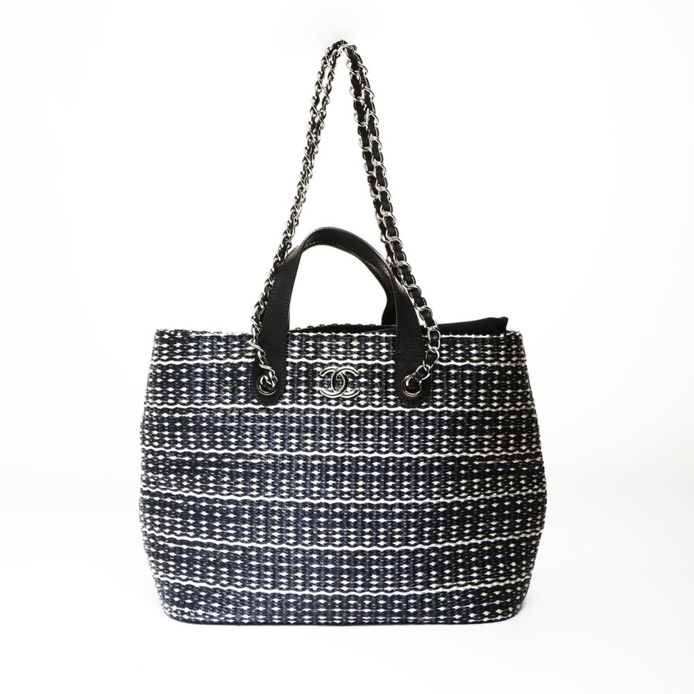 CHANEL Straw Tote Bag with Coco Mark, Black, WS27046